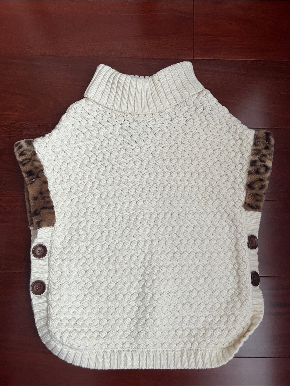Cream Cable Knit Turtleneck Sweater Vest with Leopard Trim